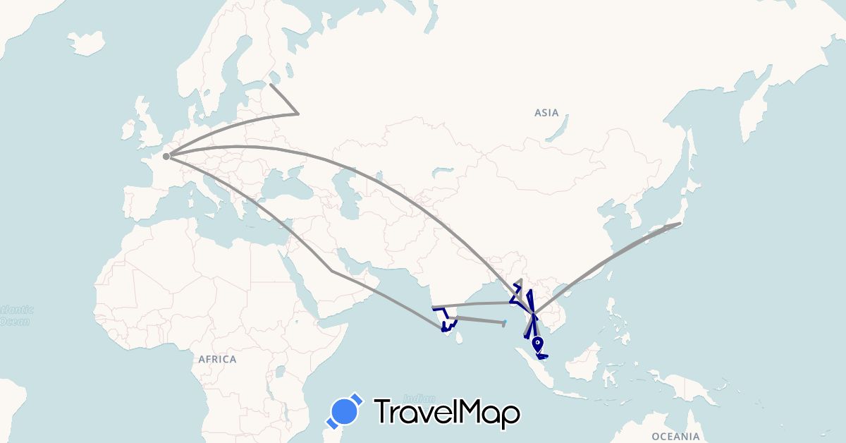 TravelMap itinerary: driving, plane, boat in France, India, Japan, Myanmar (Burma), Malaysia, Russia, Saudi Arabia, Thailand (Asia, Europe)